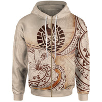 Tahiti Zip Hoodie Hibiscus Flowers Vintage Style Unisex Nude - Polynesian Pride