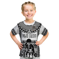 Custom Text And Number Fiji Rugby T Shirt KID Pacific The Bati Black Fijian Tapa LT14 - Polynesian Pride