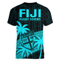 Fiji Rugby Sevens V-Neck T Shirt Tapa Palm Tree and Fijian Coat of Arms LT9 - Polynesian Pride