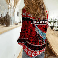 New Zealand Christmas Women Casual Shirt Paua Shell Silver Fern Meri Kirihimete LT14 - Polynesian Pride