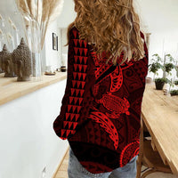 Hawaii Women Casual Shirt Shark and Turtle Mix Kakau Red LT9 - Polynesian Pride