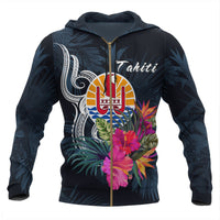 Tahiti Polynesian Zip up Hoodie Tropical Flower Unisex Blue - Polynesian Pride