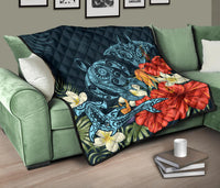 Hawaii Turtle Shark Manta Ray Hibiscus Plumeria Premium Quilt - Polynesian Pride
