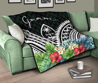 Guam Premium Quilt - Guam Coat of Arms & Polynesian Tropical Flowers White - Polynesian Pride
