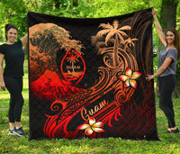 Guam Polynesian Premium Quilt - Plumeria Flowers And Waves Red - Polynesian Pride