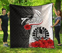 Tahiti Polynesian Premium Quilt - Coat Of Arm With Hibiscus White - Polynesian Pride