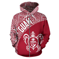 Guam Zip up Hoodie Guam Coat of Arm In Turtle Polynesian Tattoo Red White - Polynesian Pride