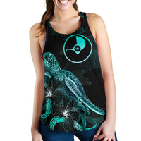 Yap Polynesian Women Tank Top - Turtle With Blooming Hibiscus Turquoise - Polynesian Pride