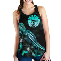 Tahiti Polynesian Women Tank Top - Turtle With Blooming Hibiscus Turquoise - Polynesian Pride
