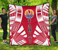Tahiti Premium Quilt - Tahiti Flag Polynesian White Tattoo (Red) - Polynesian Pride