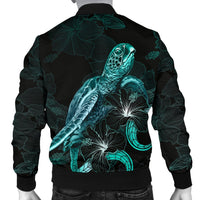 Yap Polynesian Men's Bomber Jacket - Turtle With Blooming Hibiscus Turquoise - Polynesian Pride