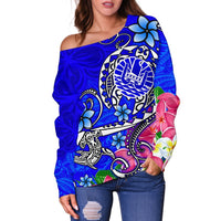 Tahiti Women's Off Shoulder Sweater - Turtle Plumeria (Blue) - Polynesian Pride