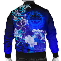 Federated States of Micronesia Custom Personalised Men's Bomber Jacket - Humpback Whale with Tropical Flowers (Blue) - Polynesian Pride