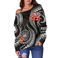 American Samoa Polynesian Off Shoulder Sweater - Black Plumeria - Polynesian Pride