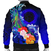 CNMI Men's Bomber Jacket - Humpback Whale with Tropical Flowers (Blue) - Polynesian Pride