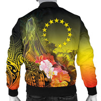 Cook Islands Men's Bomber Jacket - Humpback Whale with Tropical Flowers (Yellow) - Polynesian Pride