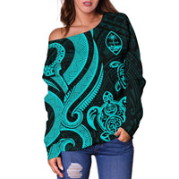 Guam Polynesian Women Of Shoulder Sweater - Turquoise Tentacle Turtle - Polynesian Pride