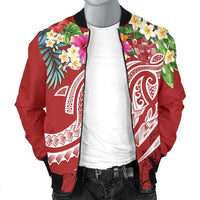 Fiji Polynesian Men's Bomber Jacket - Summer Plumeria (Red) - Polynesian Pride
