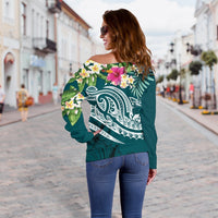 Tonga Polynesian Women's Off Shoulder Sweater - Summer Plumeria (Turquoise) - Polynesian Pride