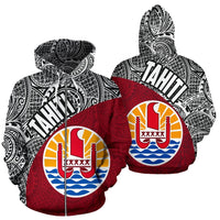 Tahiti Zip up Hoodie Tahiti Flag Polynesia Tattoo Red Unisex Black - Polynesian Pride