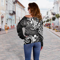 Tahiti Women's Off Shoulder Sweater - White Shark Polynesian Tattoo - Polynesian Pride