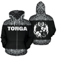Tonga All Over Zip up Hoodie Polynesian Black and White Zip Hoodie Black And White - Polynesian Pride
