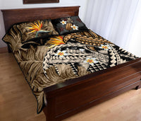 Kanaka Maoli (Hawaiian) Quilt Bed Set, Polynesian Pineapple Banana Leaves Turtle Tattoo Gold - Polynesian Pride