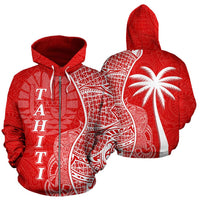 Tahiti Polynesian Zip up Hoodie Coconut Tree Red and White Unisex Red - Polynesian Pride