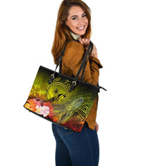Custom Personalised Chuuk Large Leather Tote Bag - Humpback Whale with Tropical Flowers (Yellow) - Polynesian Pride