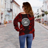 American Samoa Women's Off Shoulder Sweater - Polynesian Tattoo Red - Polynesian Pride