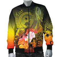 Custom Personalised Chuuk Men's Bomber Jacket - Humpback Whale with Tropical Flowers (Yellow) - Polynesian Pride