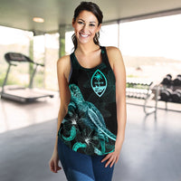 Guam Polynesian Women Tank Top - Turtle With Blooming Hibiscus Turquoise - Polynesian Pride