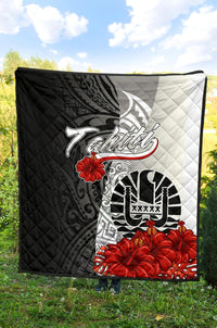 Tahiti Polynesian Premium Quilt - Coat Of Arm With Hibiscus White - Polynesian Pride