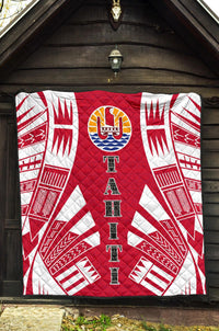 Tahiti Premium Quilt - Tahiti Flag Polynesian White Tattoo (Red) - Polynesian Pride