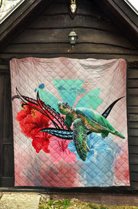Hawaii Map Kanaka Sea Turtle Hibiscus Premium Quilt - AH - Blue Pink - Polynesian Pride