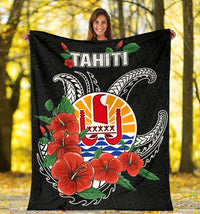 Tahiti Polynesian Premium Blanket - Hibiscus Coat of Arm Black - Polynesian Pride