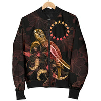 Cook Islands Polynesian Men's Bomber Jacket - Turtle With Blooming Hibiscus Gold - Polynesian Pride