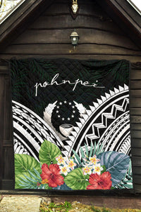 Pohnpei Premium Quilt - Pohnpei Coat of Arms & Polynesian Tropical Flowers White - Polynesian Pride