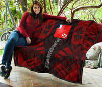 Wallis And Futuna Premium Quilt - Wallis And Futuna Coat Of Arms Polynesian Red Tattoo (Dark Red) - Polynesian Pride