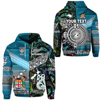 Custom New Zealand Fiji Hoodie Maori and Tapa Together Paua Shell, Custom Text and Number LT8 Blue - Polynesian Pride