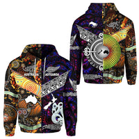 New Zealand Australia Hoodie Maori and Aboriginal Together Purple LT8 Unisex Black - Polynesian Pride