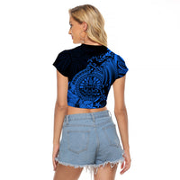 Polynesian Tahiti Island Raglan Cropped T Shirt The Wave of Water - Blue LT9 - Polynesian Pride