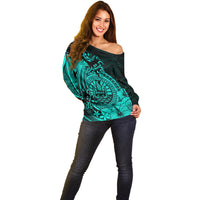 Polynesian Tahiti Island Off Shoulder Sweater The Wave of Water - Turquoise LT9 - Polynesian Pride