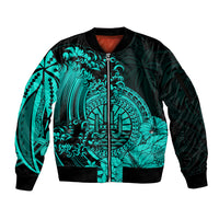 Polynesian Tahiti Island Sleeve Zip Bomber Jacket The Wave of Water - Turquoise LT9 Unisex Turquoise - Polynesian Pride