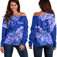 FSM Chuuk State Off Shoulder Sweater Polynesian Floral Tribal LT9 Women Blue - Polynesian Pride