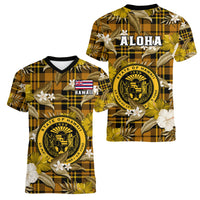 Hawaii State Women V Neck T Shirt Tropical Flowers Mix Tartan Gold Version LT14 Female Gold - Polynesian Pride