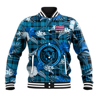 Hawaii State Baseball Jacket Tropical Flowers Mix Tartan Blue Version LT14 Unisex Blue - Polynesian Pride