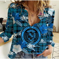 (Custom Personalised) Hawaii State Women Casual Shirt Tropical Flowers Mix Tartan Blue Version LT14 Female Blue - Polynesian Pride