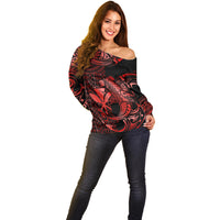 (Custom Personalised) Hawaii Hammerhead Shark Off Shoulder Sweater Polynesian Kakau With Kanaka Red LT14 - Polynesian Pride