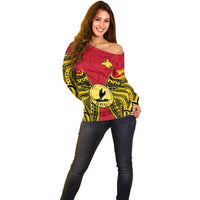 Papua New Guinea Off Shoulder Sweater National Capital District Mix Coat Of Arms Polynesian Art LT14 - Polynesian Pride